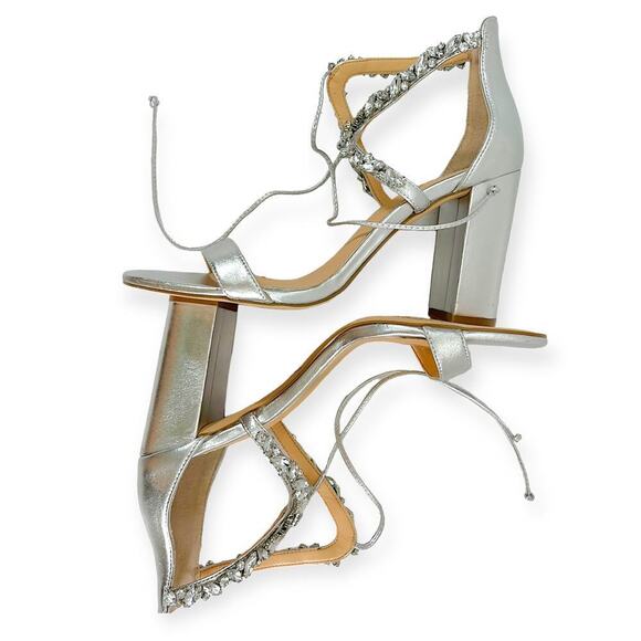 Jewel Badgley Mishka NEW Thamar Crystal Strappy Block Heel Silver Women's Sz 8.5 - Picture 4 of 14
